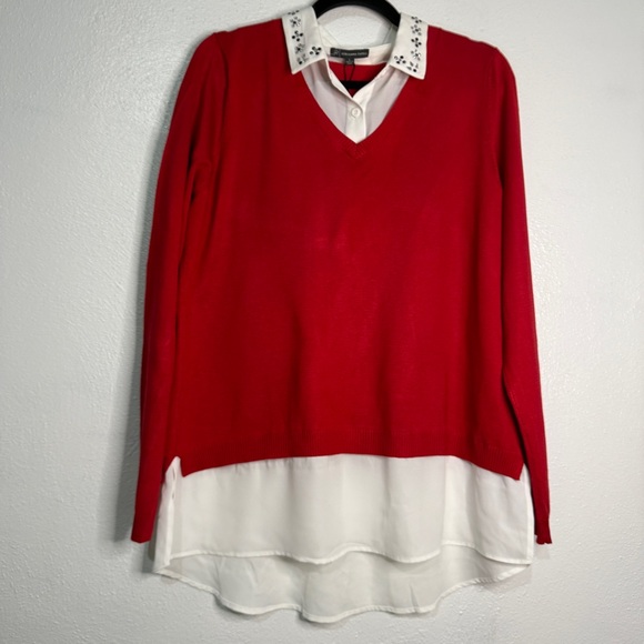 Adrianna Papell Sweaters - Adrianna Papell Red V-Neck Layered Sweater with White Shirt Detail